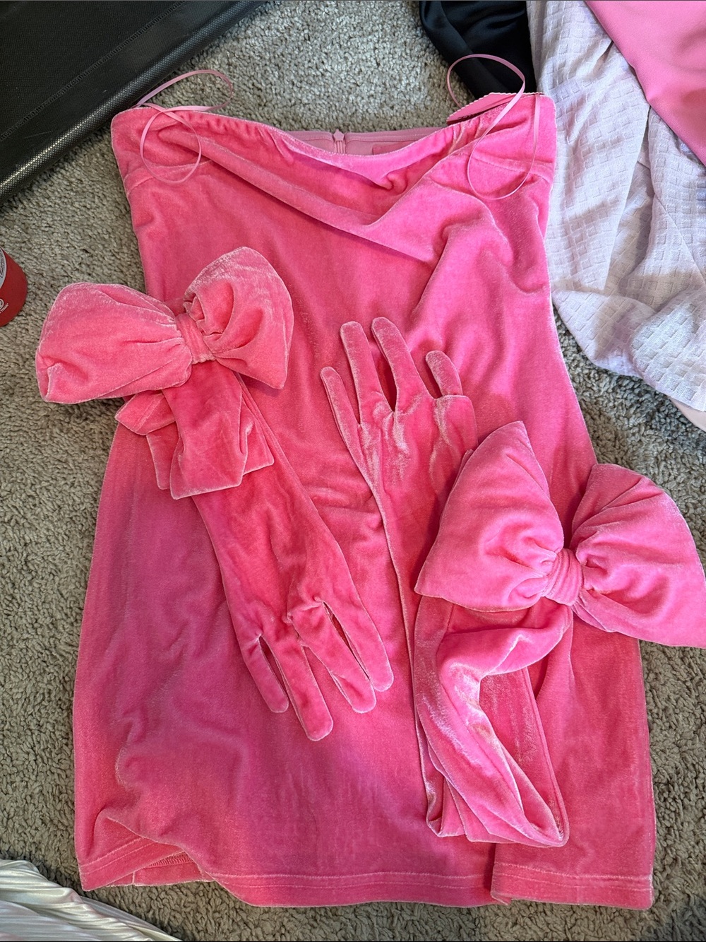 Dolls Kill Pink Velvet Mini Dress with Bow Gloves